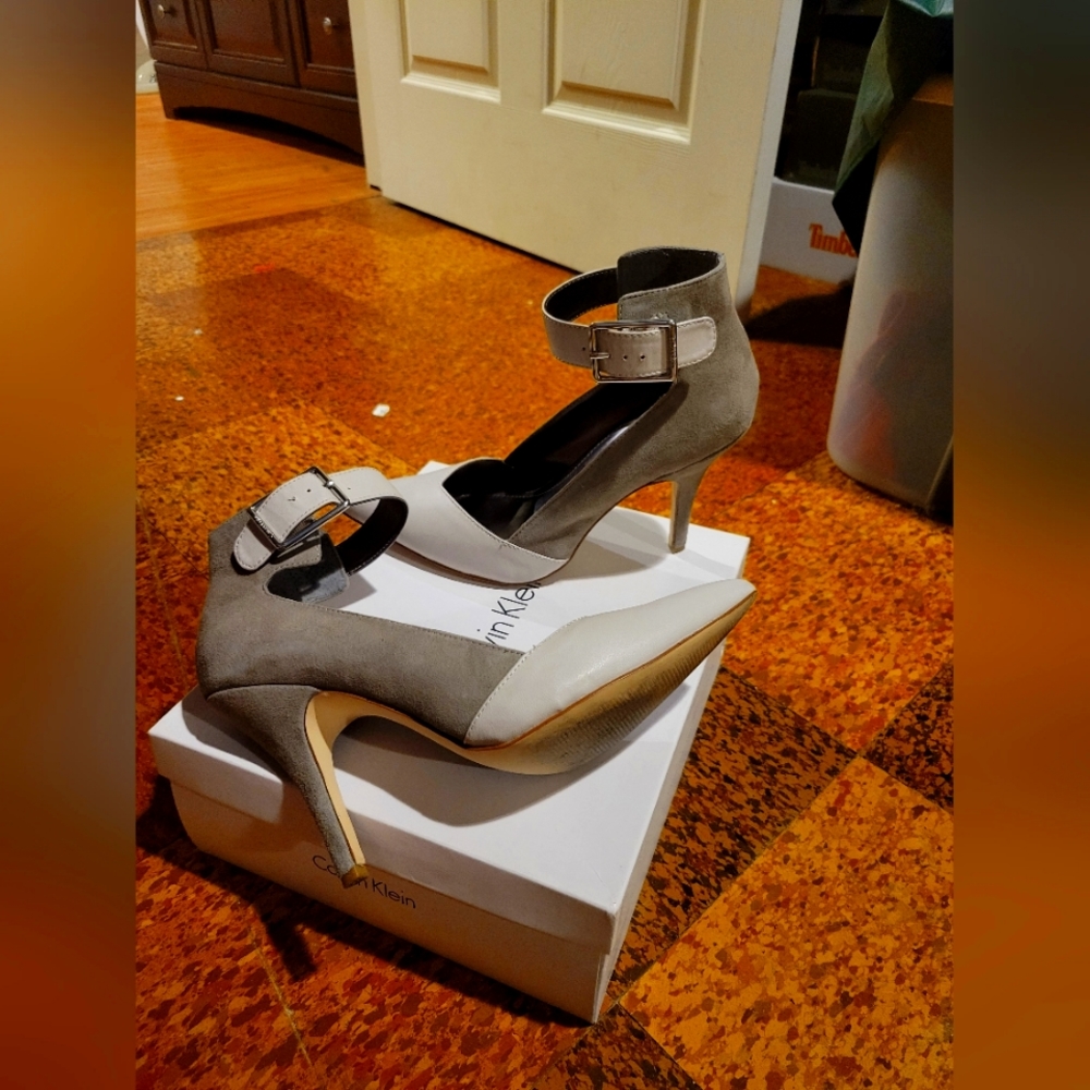 Ivory leather,  grey seude heels with ankle straps
